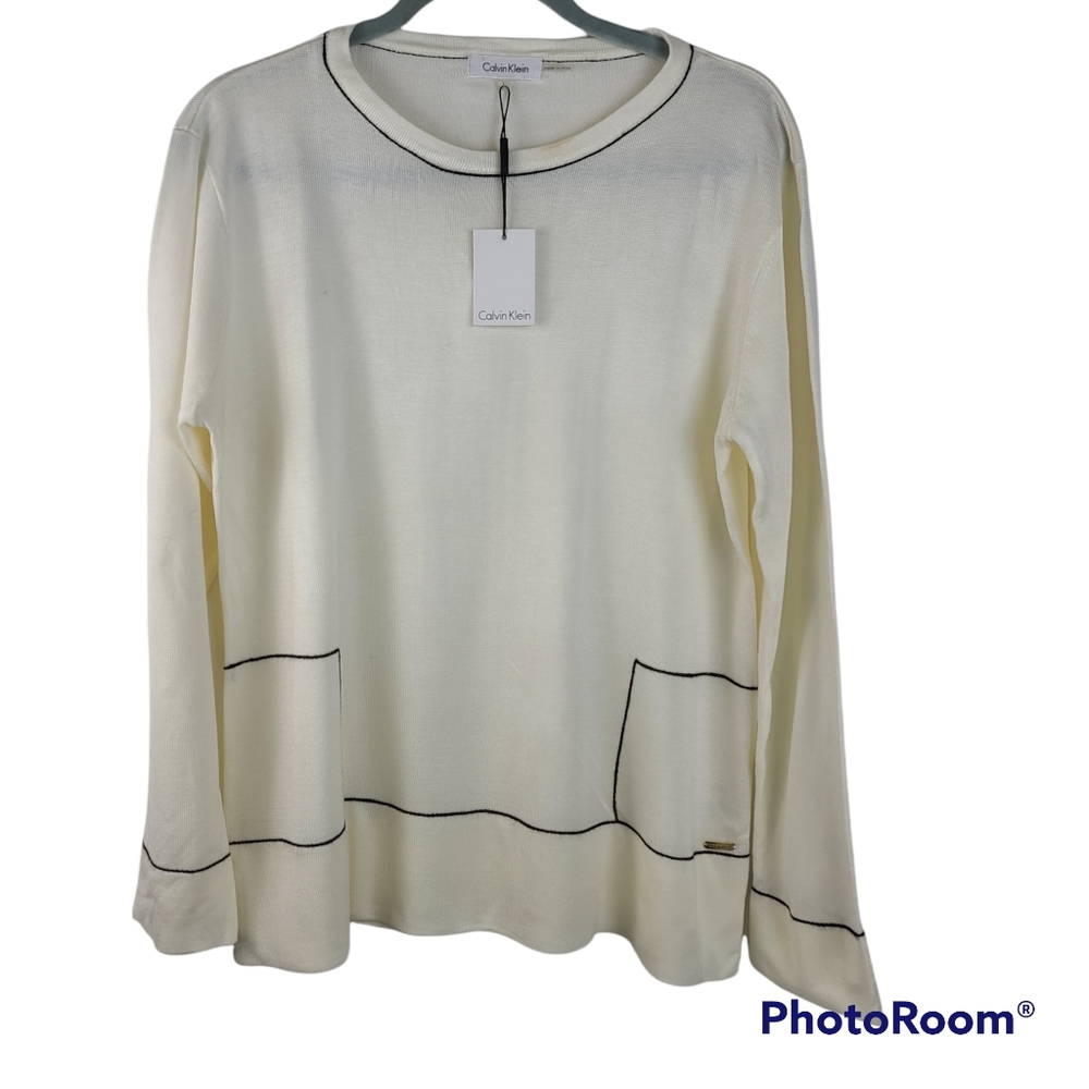 NWT Calvin Klein Ivory Sweater Women's Large Black Embroidered Trim PRICE FIRM